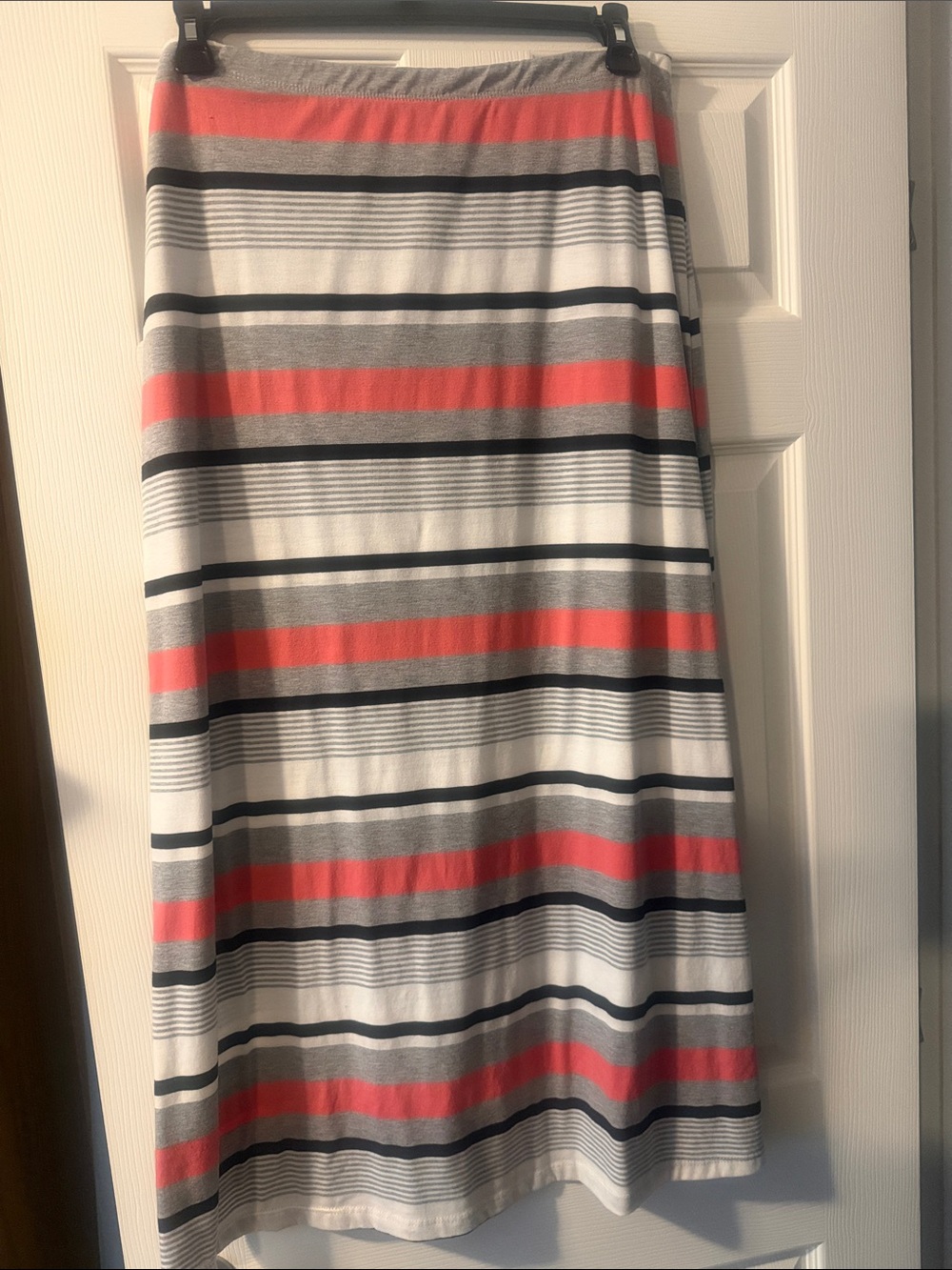 Courtenay Coral, Navy, Gray & White Striped Maxi Skirt